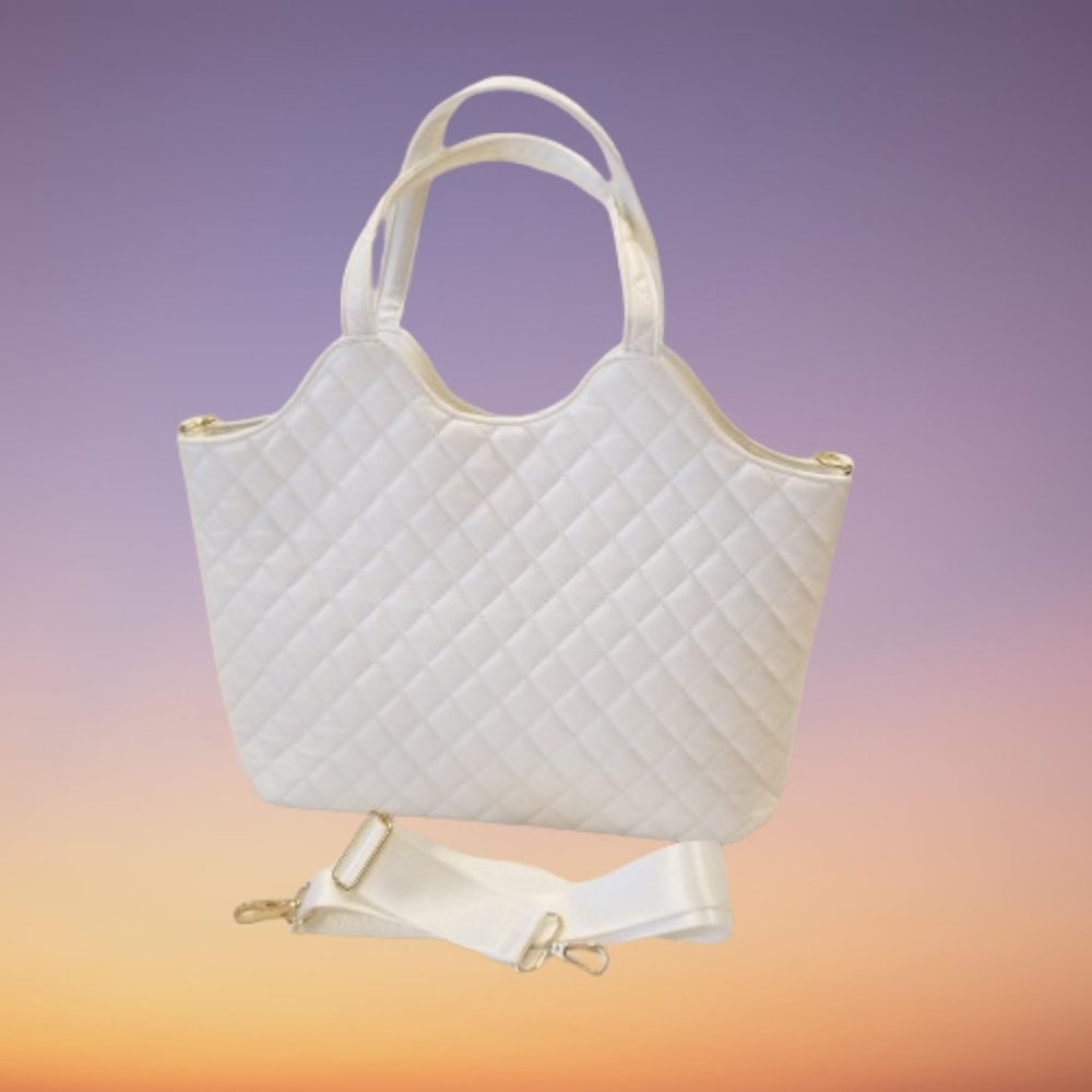 NEW! White Quilted Faux Leather Tote Purse Shoulder Bag w/Detachable Strap